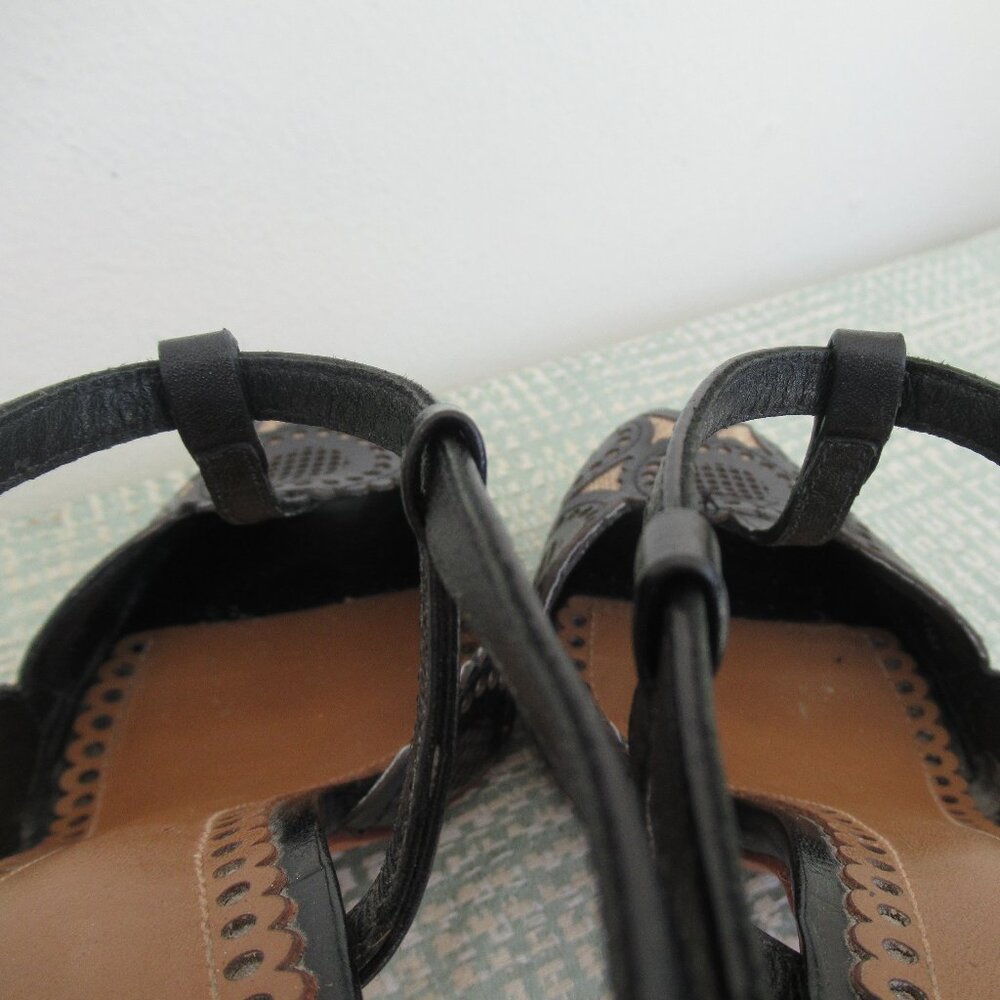 TORY BURCH, ALEXA Genuine Leather Peep Toe High Heel Sandal Black & Tan Sz. 6.5 - Picture 9 of 13